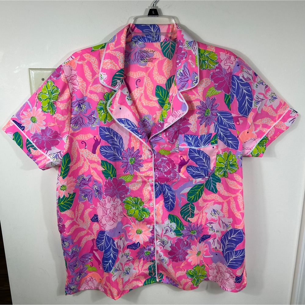 Lilly Pulitzer Pajama Top Womens XL Pink Best of Friends Floral Monkey Novelty